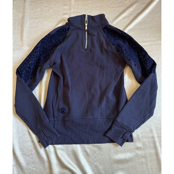 Lululemon Sweater Womens 6 Blue 1/4 Zip Pullover Mock Neck Flock Floral Navy - Picture 5 of 10